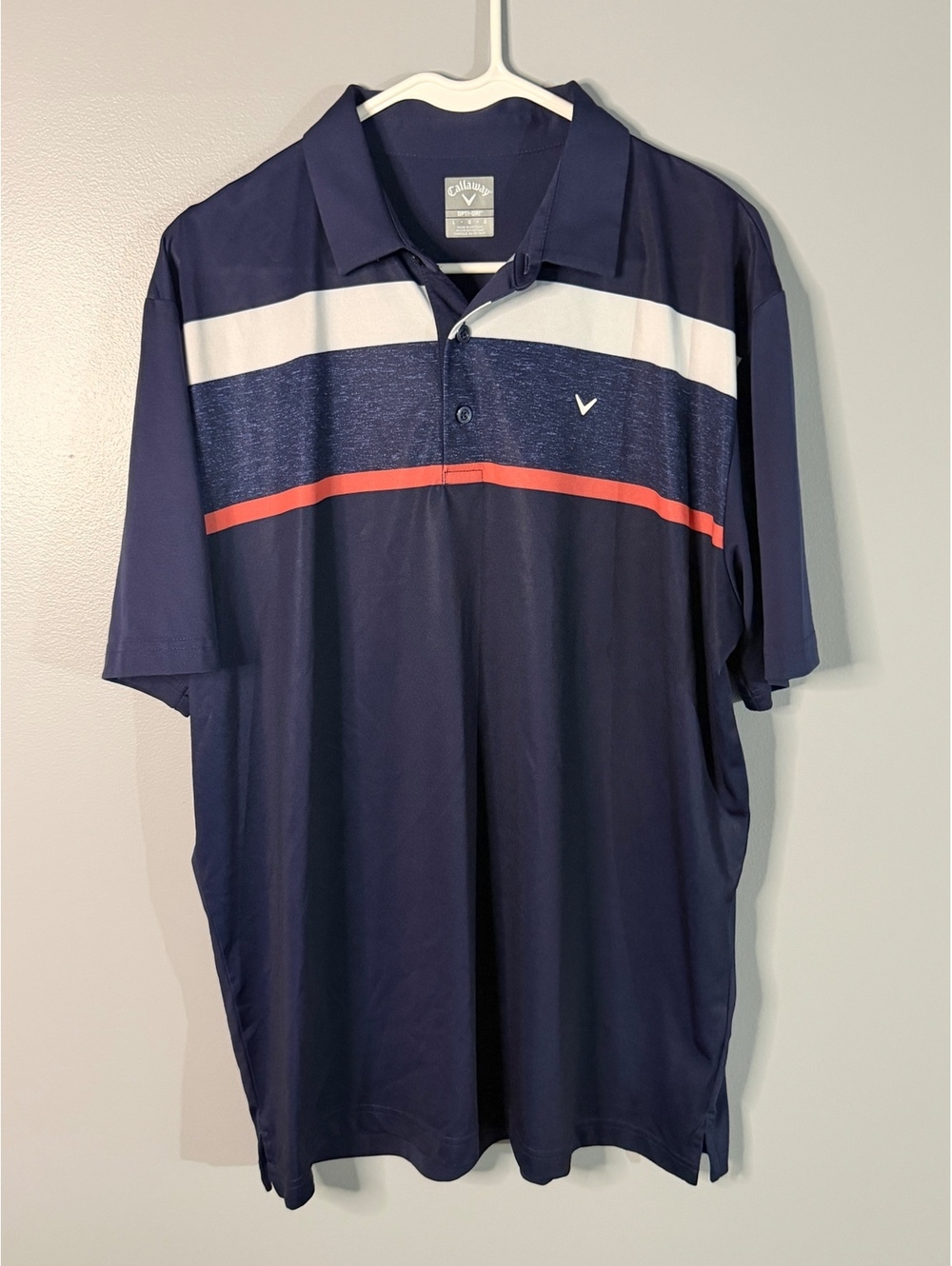 Callaway Men's Golf Polo Shirt Large Navy Blue with White and Red Stripes